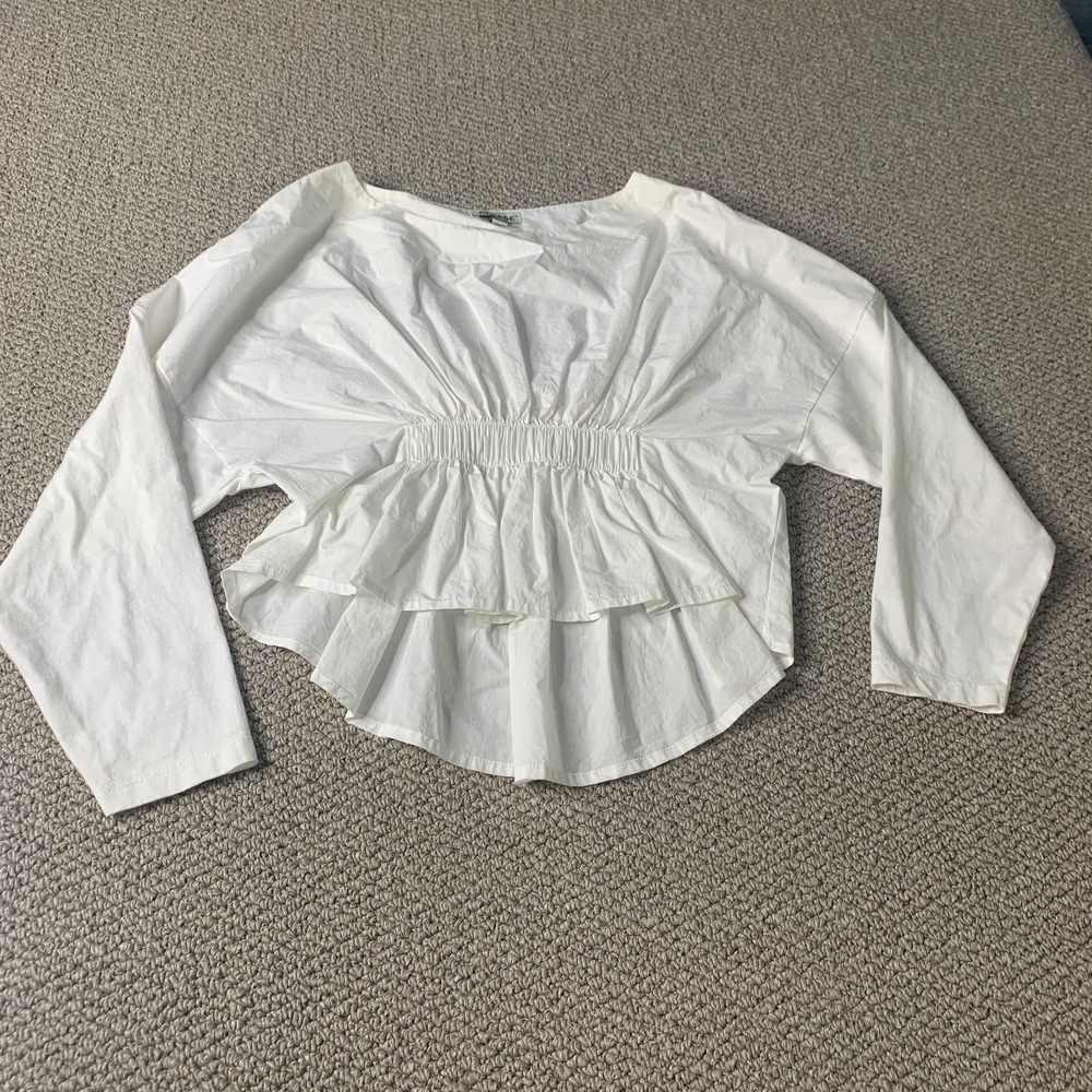 Please Womens Blouse Top Size 14A White Gathered Waist Peplum‎ Long Sleeves
